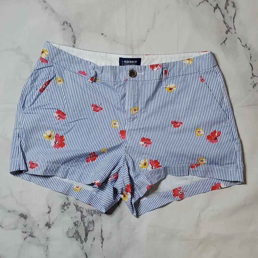 Old Navy Blue/White Stripe Floral Everyday Shorts0